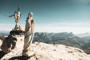 Statue of the Virgin Mary on the summit of Piz Boè, Dolomites Statue of the Virgin Mary on the summit of Piz Boè, Dolomites
